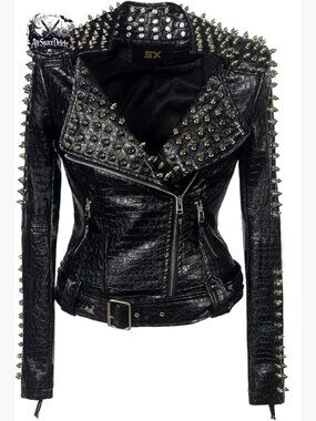 Womens Black Studded Croc-Embossed Leather Moto Jacket